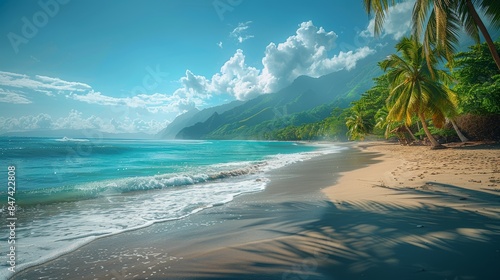 Tropical beach with palm trees and calm ocean waves, under a bright blue sky with scattered clouds. Perfect for travel and vacation themes