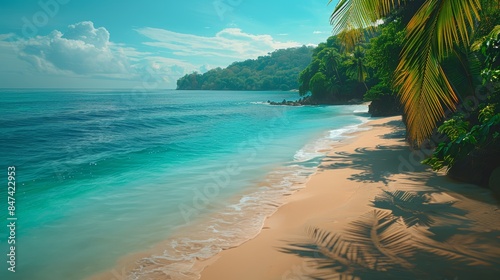 Tropical beach with palm trees and calm ocean waves, under a bright blue sky with scattered clouds. Perfect for travel and vacation themes