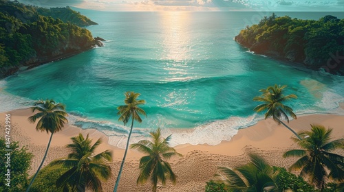 Tropical beach with palm trees and calm ocean waves, under a bright blue sky with scattered clouds. Perfect for travel and vacation themes