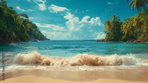 Tropical beach with palm trees and calm ocean waves, under a bright blue sky with scattered clouds. Perfect for travel and vacation themes