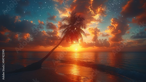 Stunning tropical beach at dusk with palm trees silhouetted against a vibrant sunset and a star-filled sky. Perfect for serene, romantic, and exotic themes