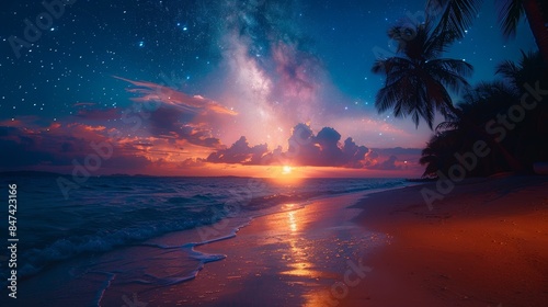 Spectacular tropical beach at night with the Milky Way galaxy illuminating the sky, mountains in the background, and cozy beach huts lit by warm lights