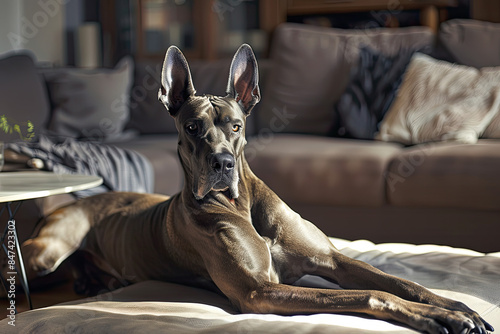 Great Dane lounging in warm-lit living room, front view, cozy couch and coffee table background.