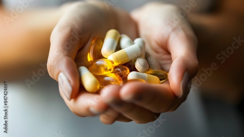 2. A close-up of a woman's hand holding a handful of assorted vitamin capsules, highlighting the variety of supplements available to support different aspects of health and wellness.