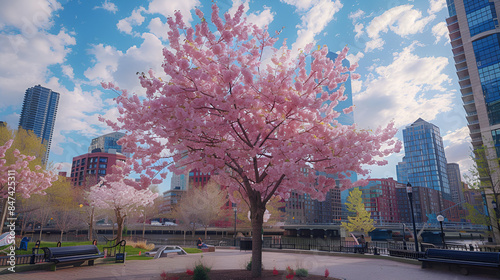Blossoming tree at Financial District at North End Park Boston