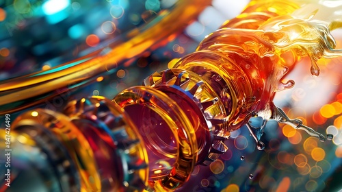 5. An abstract depiction of the lubrication process within a car engine, with vibrant swirls and patterns symbolizing the fluid dynamics of engine oil as it cascades over gears and motor surfaces,