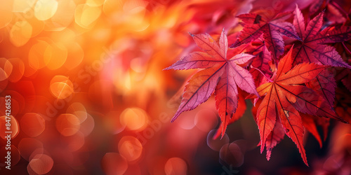 A vibrant autumn leaf drenched in dew stands out amidst a lush carpet of colorful, blurred foliage, illuminated by the golden sunlight of a crisp fall morning.