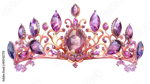 Elegant gold tiara adorned with purple gemstones. Perfect for royalty, princess themes, or luxurious events. Intricate design and stunning craftsmanship.