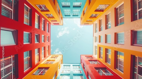 A symmetrical photo of multi-colored buildings from below looking up at the sky, in the style of unsplash photography, minimalistic, colorful, pastel colors, wide angle.