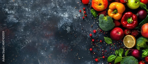 Fresh assortment of ripe fruits and vegetables with a food concept background, top view, and copy space.