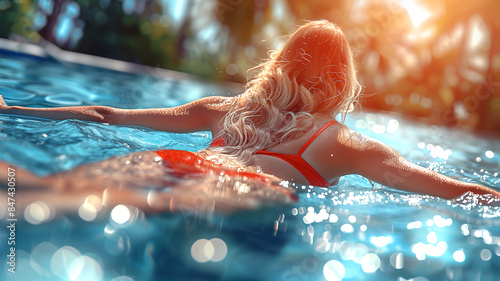 A woman in a red bikini is swimming in a pool. The water is clear and calm, and the sun is shining brightly overhead. The woman is enjoying her time in the water