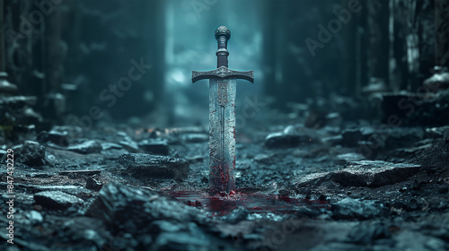 The knight's sword was stuck on the stone floor, dripping with blood.