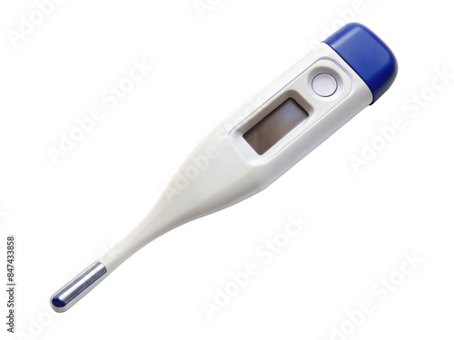 Digital thermometer with blue tip. This medical device is used for measuring body temperature, featuring an easy-to-read digital display, isolated on transparent background, png.