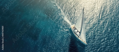 A white yacht with a sail seen from above, gliding across the blue sea.