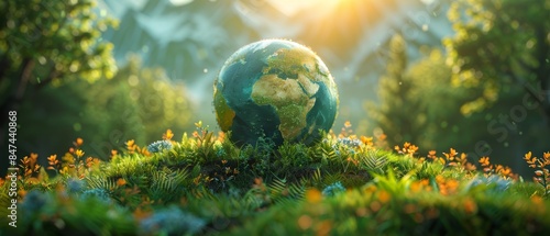 A miniature Earth globe sits on a bed of lush green moss. Sunlight filters through trees in the background.