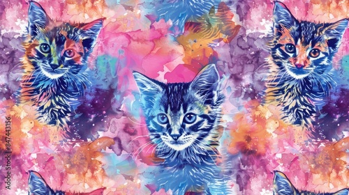 Hand drawn adorable cats with tie dye watercolor camouflage texture seamless pattern on a separate background