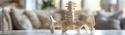 A pair of human multilayer vertebrae models, made from beige colored marble and ivory, on a white table top with a blurred living room background in natural lighting