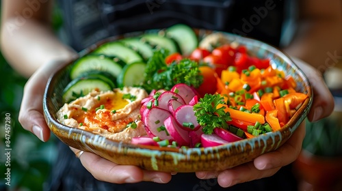 Closeup of a savory vegan vegetable and hummus platter showcasing a variety of fresh,vibrant and wholesome plant-based ingredients. The artfully arranged dish highlights the natural colors.