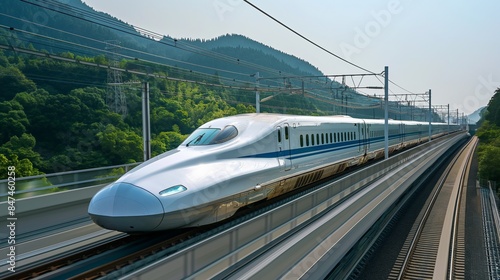 Elegant and minimalistic design showcasing a bullet train in Japan, bright and light, isolated on a white background. 