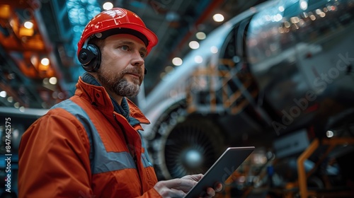 Engineer with Tablet in Aircraft Hangar. Engineer wearing orange safety gear and helmet, holding a tablet, standing in an aircraft hangar with a jet engine in the background.