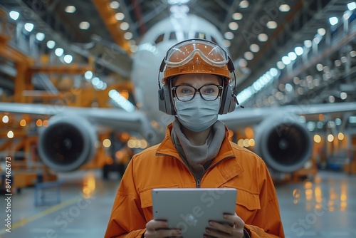 Masked Engineer with Tablet in Hangar. Engineer wearing a mask and safety gear, holding a tablet, standing in front of an aircraft in a brightly lit hangar.