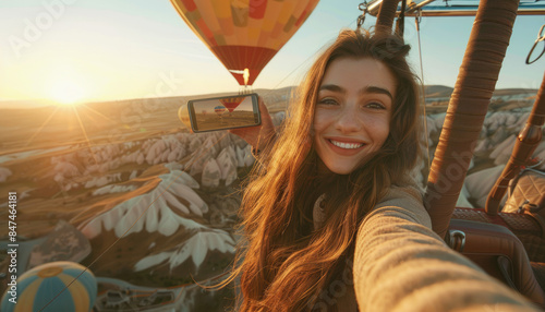 woman with long brown hair taking a selfie while flying in a hot air balloon over Cappadocia and smiling at the camera