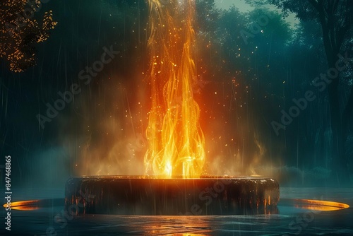 A mesmerizing night scene of a fountain shooting fiery flames into the air, surrounded by mist and trees, creating a magical atmosphere.