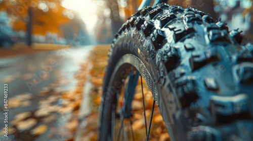 Close-up of a mountain bike tire on a scenic autumn trail, showcasing the details of the tread and the fall foliage in the background.