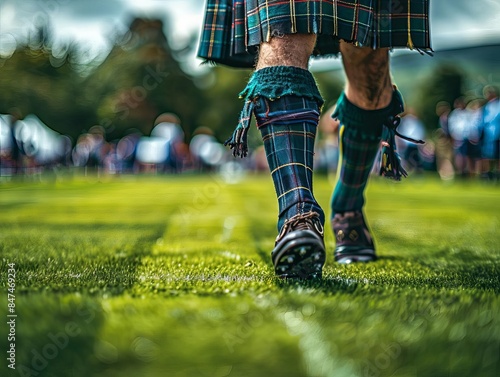 Close-up of a person wearing traditional Scottish kilt and socks walking on a grassy field at an outdoor event.