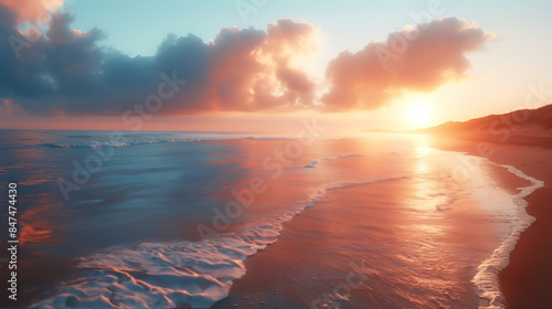 a serene, tranquil, and beautiful beach background at sunrise or sunset with very smooth water reflecting the pink and blue sky. creating a dreamlike effect 