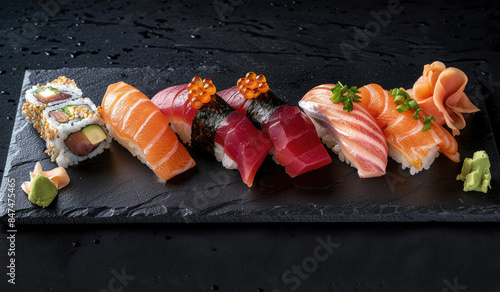 Sushi platter with various types of sushi and sashimi on a black slate plate against a dark background.