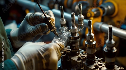 2. A close-up shot captures the hands of an auto technician as they carefully disassemble a car's fuel injection system, methodically cleaning each injector nozzle to restore proper fuel flow and