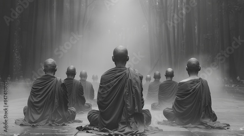 Buddhist Monks Meditating in a Misty Forest