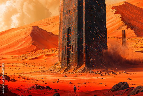 Giant black obelisk on Mars, ancient aliens, science fiction, sci fi pulp art, environment concept, conspiracy theory