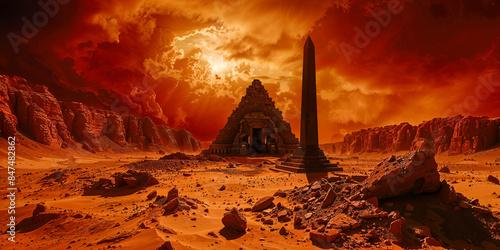 Pyramid tomb and obelism ruins on Mars, ancient aliens, science fiction, sci fi pulp art, environment concept, wide banner