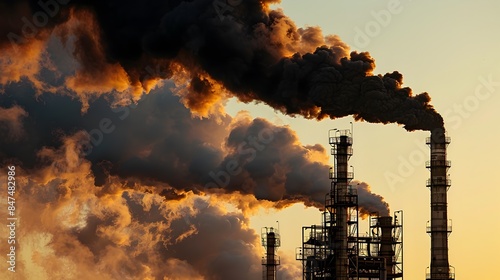 Thick Billowing Smoke Clouds From Industrial Plant Smokestack Against Bright Sky