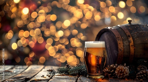 Wooden Beer Barrel with Glowing Festive Bokeh Background