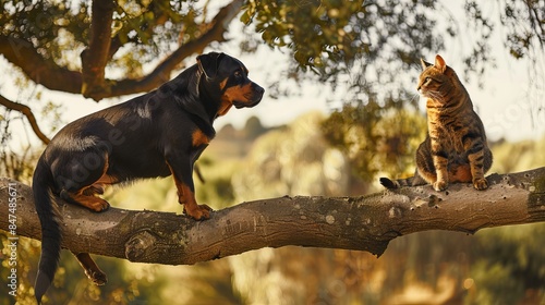 Rottweiler and Abyssinian cat perched on a tree branch, their tails swishing in sync as they survey their surroundings