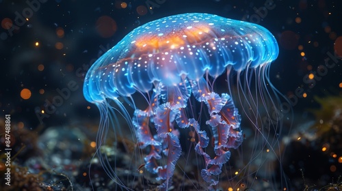Steady, close-up of a glowing jellyfish underwater.