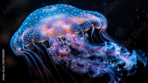 Glowing jellyfish underwater - steady, close-up.