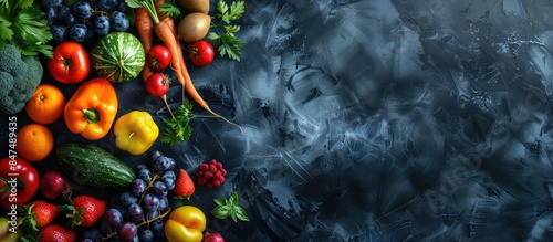 Fresh selection of ripe fruits and vegetables on display from above with empty space for text. A food concept background.