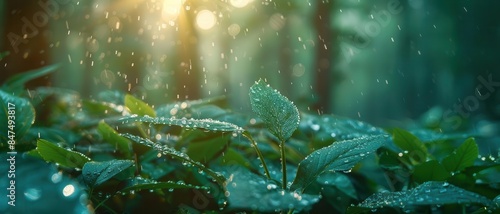 Morning forest, dewy leaves, fresh background