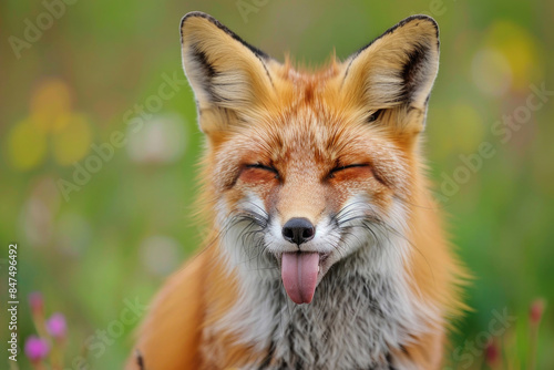 A fox with its tongue out, squinting one eye as if winking at the camera
