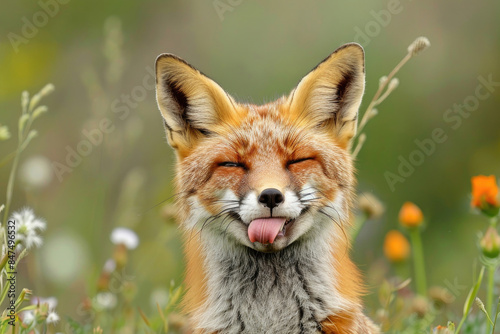 A fox with its tongue out, squinting one eye as if winking at the camera