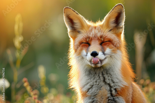 A fox with its tongue out, squinting one eye as if winking at the camera