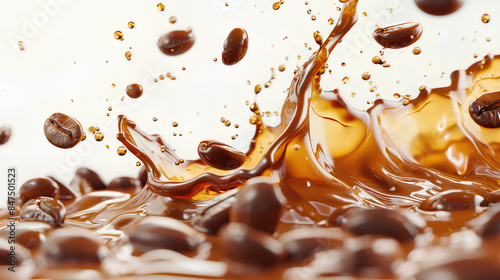 Milk Brown coffee liquid swirl splash and little bubbles with falling coffee Beans isolated on white background, liquid fluid element flowing in form of wave