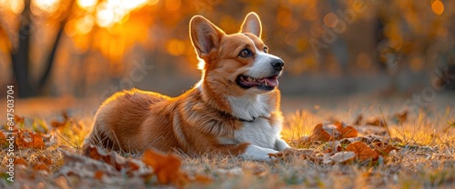 A Welsh Corgi Dog Lying On The Grass In The Park, Looking Content, HD