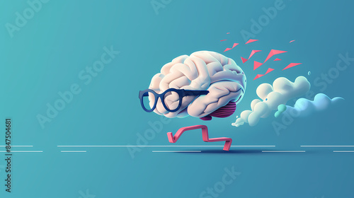 Creative 3D illustration of a brain wearing glasses, running on bent legs on a turquoise background.