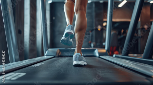 Witness the legs of a sportswoman in motion, running on a treadmill in a fitness gym center, a dynamic pursuit of fitness. Ai Generated.