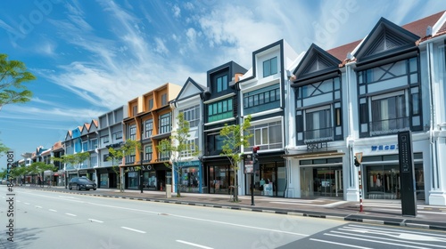 A striking street-level view of a row of sleek and contemporary shophouses, showcasing their vibrant storefronts and architectural design.